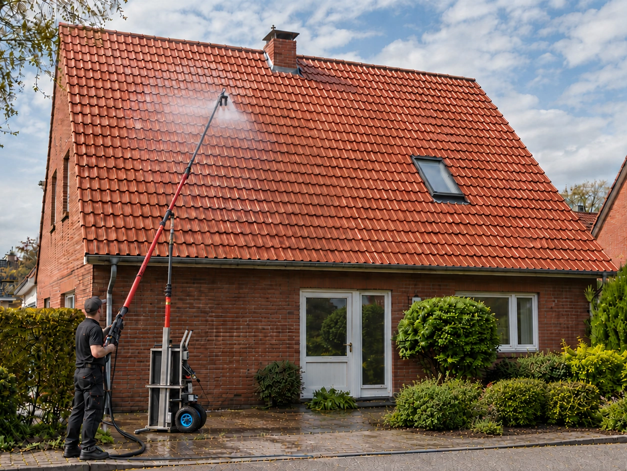 Handwerker reinigt mit einer Hochdruckreinigung die Fassade eines roten Backsteinhauses mit Ziegeldach.
