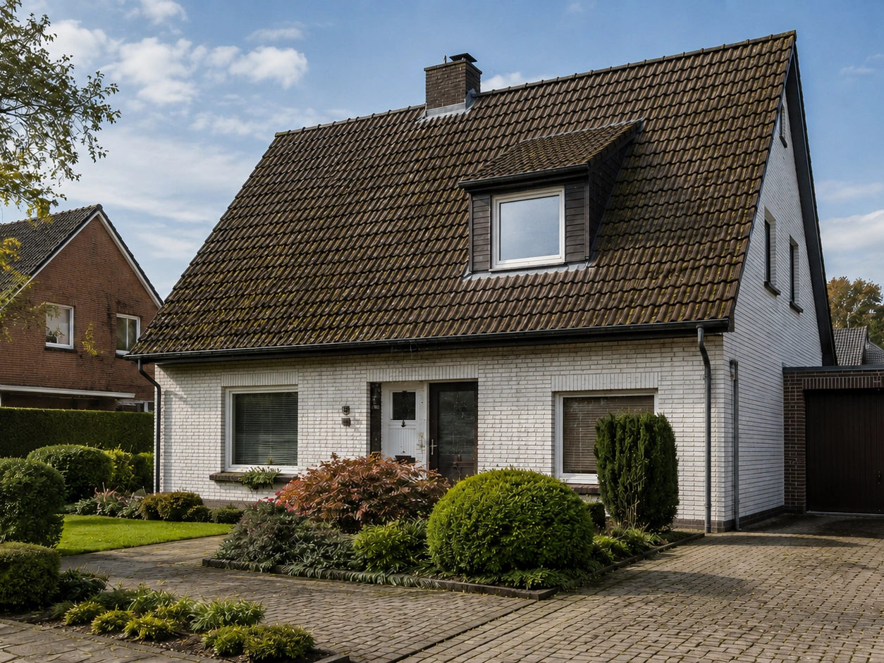 Einfamilienhaus mit weißer Klinkerfassade, Satteldach und Gaube, umgeben von gepflegtem Garten mit Hecken und Sträuchern.